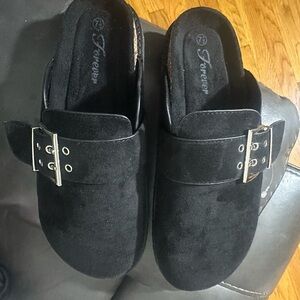 Black Slip-On Sandals with Silver Buckle